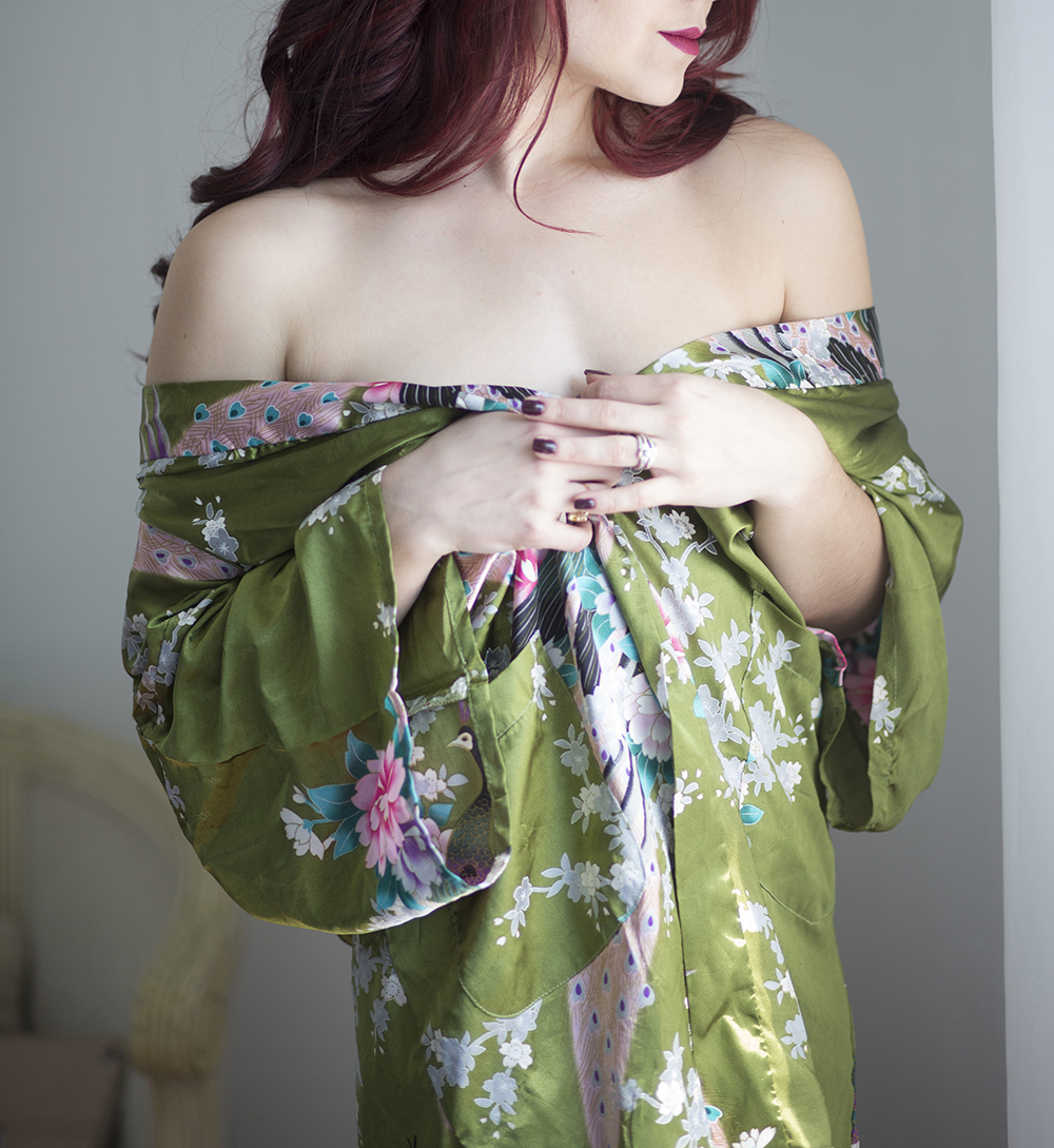 boudoir in gorgeous green robe in raleigh nc